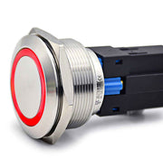 Buton push metalic 30mm cu LED inel rosu 24V, IP67, carcasa inox, contact NO/NC, filet M30