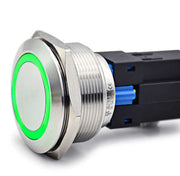 Buton push metalic 30mm cu LED verde 24V, IP67, carcasa inox, conector 6 pini detasabil