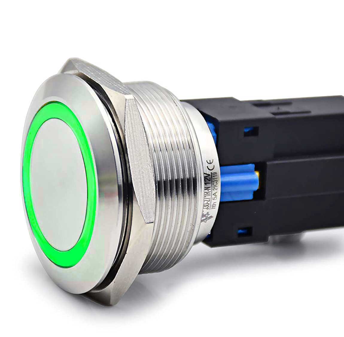 Buton push metalic 30mm cu LED verde 24V, IP67, carcasa inox, conector 6 pini detasabil