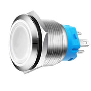 Buton push metalic 22mm cu LED alb, retinere, IP65, 220V, corp inox cu inel luminos