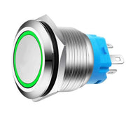 Buton push metalic 22mm cu LED verde, retinere, IP65, 220V, carcasa inox cu inel luminos