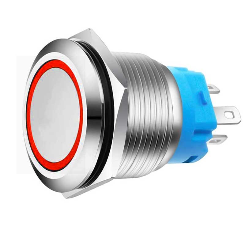 Buton push metalic 22mm cu LED rosu, retinere, IP67, 220V, carcasa inox si mufa inclusa
