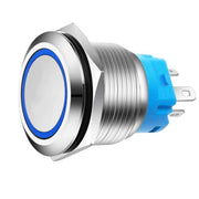 Buton push metalic 22mm cu retinere, inel LED albastru, 9-30V, 5A, carcasa inox