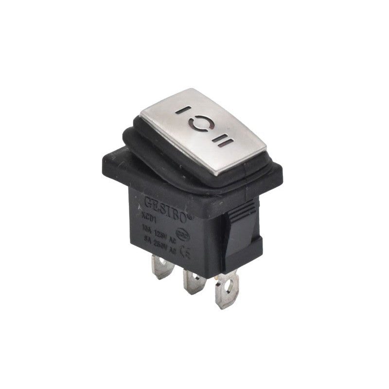 Intrerupator basculant dreptunghiular 3 pozitii, 6A 250V, capac inox, LED rosu, terminale rapide