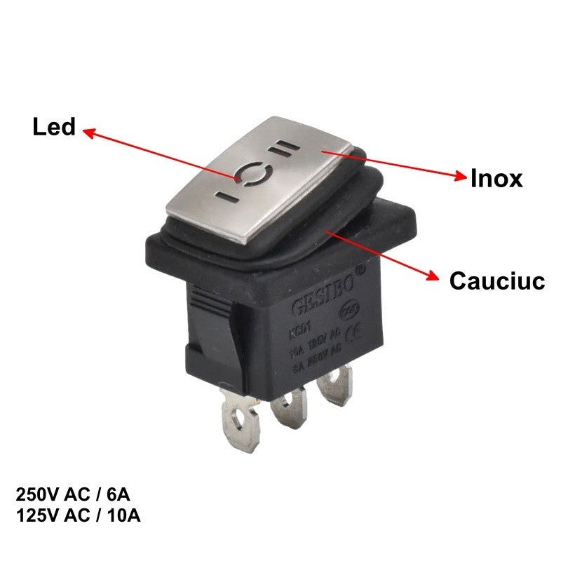 Intrerupator basculant 6A 250V cu detalii constructie: LED, inox si cauciuc protectie