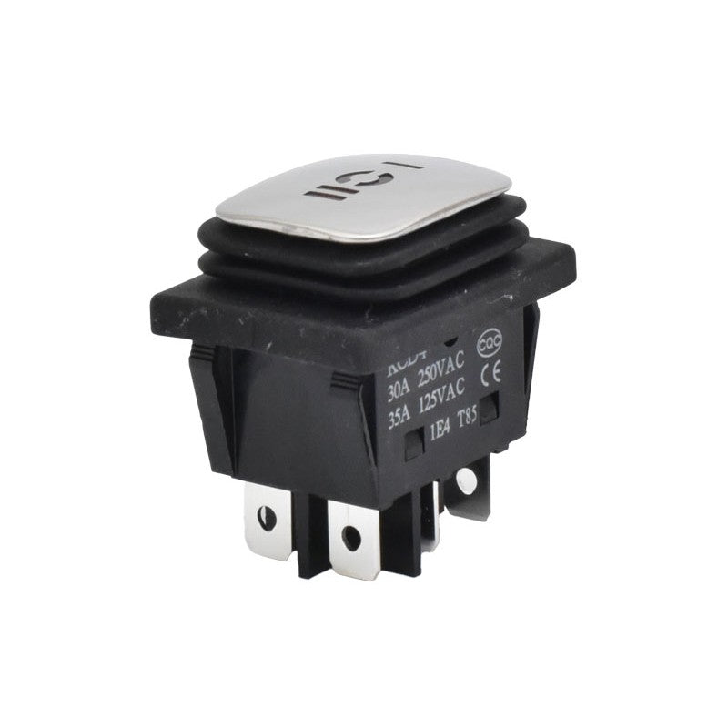 Intrerupator basculant 30A 250V cu buton inox, eticheta tehnica vizibila pe carcasa neagra