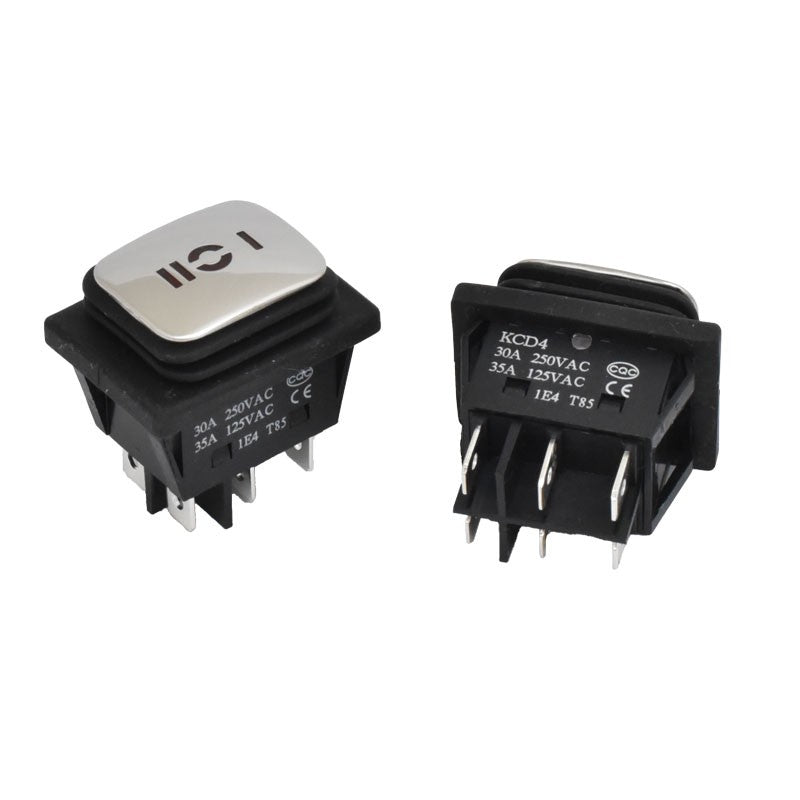 Intrerupator basculant 30A 250V, doua unghiuri complementare cu eticheta tehnica detaliata