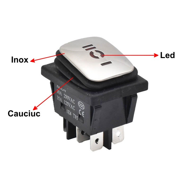 Intrerupator basculant cu detalii componente: buton inox, LED integrat si garnitura cauciuc etansa
