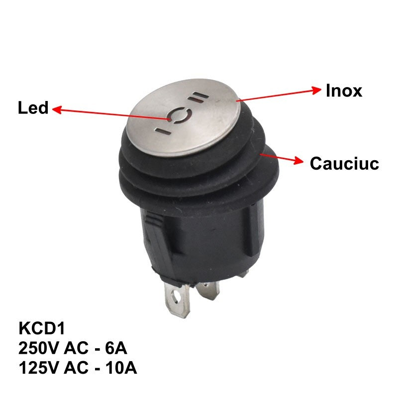 Buton rotund 6A 250V cu inox, cauciuc si LED - diagrama componente KCD1
