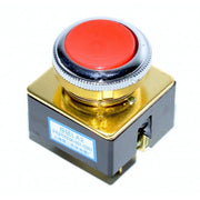 Buton push fara retinere rosu, 250V AC 5A, montaj panou M36, contact normal inchis, carcasa metalica aurie
