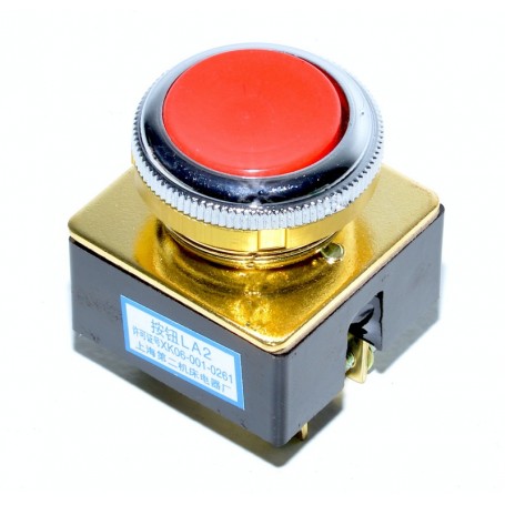 Buton push fara retinere rosu, 250V AC 5A, montaj panou M36, contact normal inchis, carcasa metalica aurie