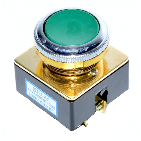 Buton push fara retinere verde, 250V AC, 5A, filet 36mm, corp metalic auriu pentru panouri industriale