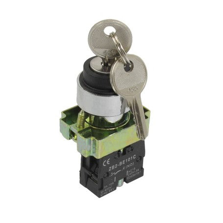 Buton selector cu cheie ON/OFF/ON, 3 pozitii, 10A 240V AC, montaj panou 22mm, contact NO