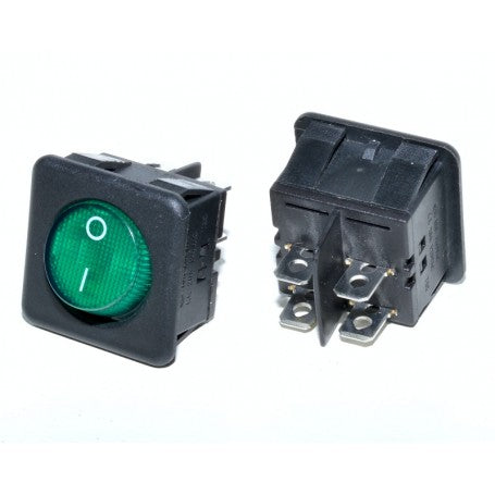 Buton patrat cu LED verde - vedere fata si spate cu cei 4 conectori faston vizibili
