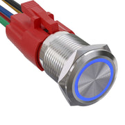 Buton metalic push 19mm cu inel LED albastru, IP65, 220V-10A, corp inox, conector cu fire inclus