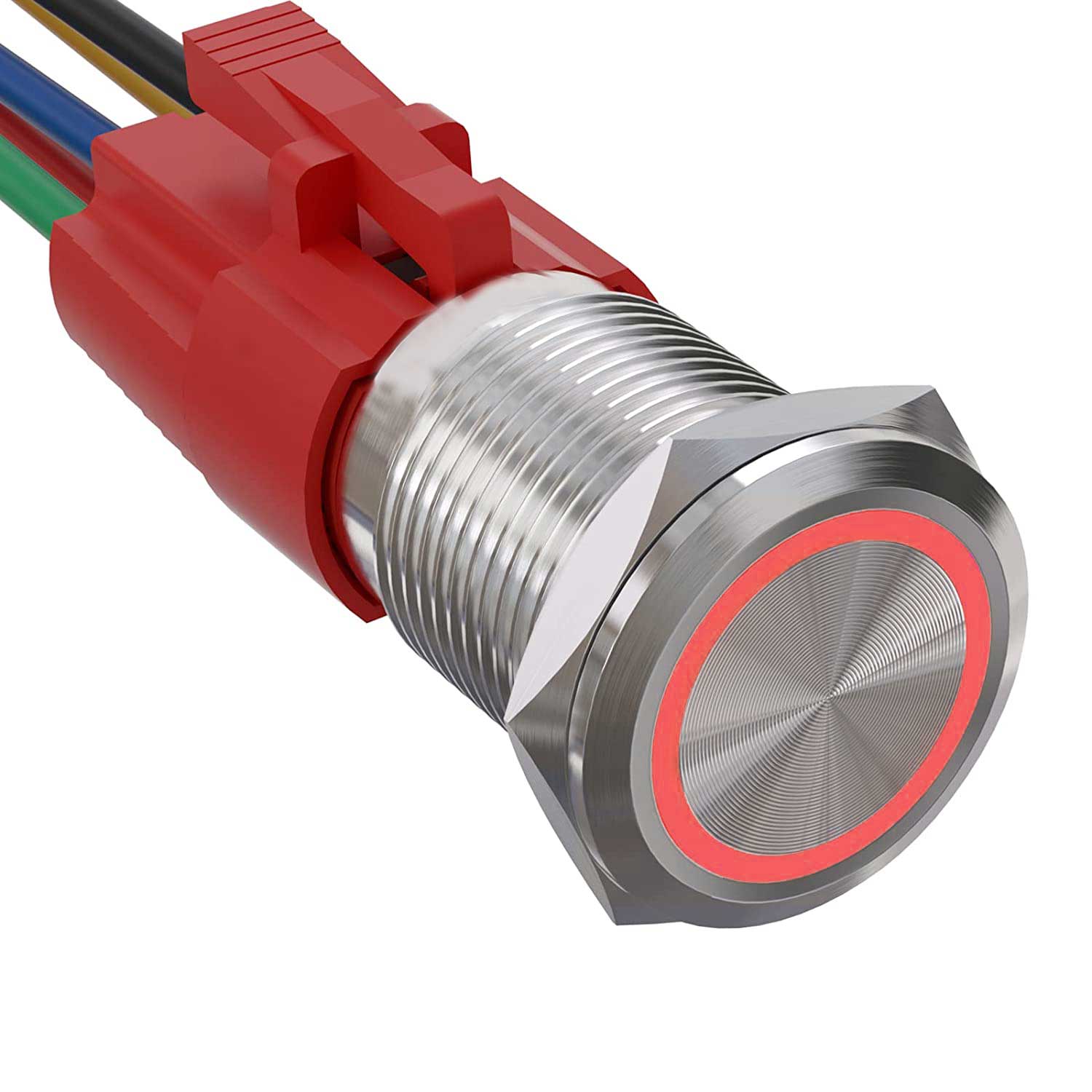 Buton metalic push 19mm cu revenire, inel LED rosu, IP65, 220V-10A, carcasa inox cu mufa de conectare