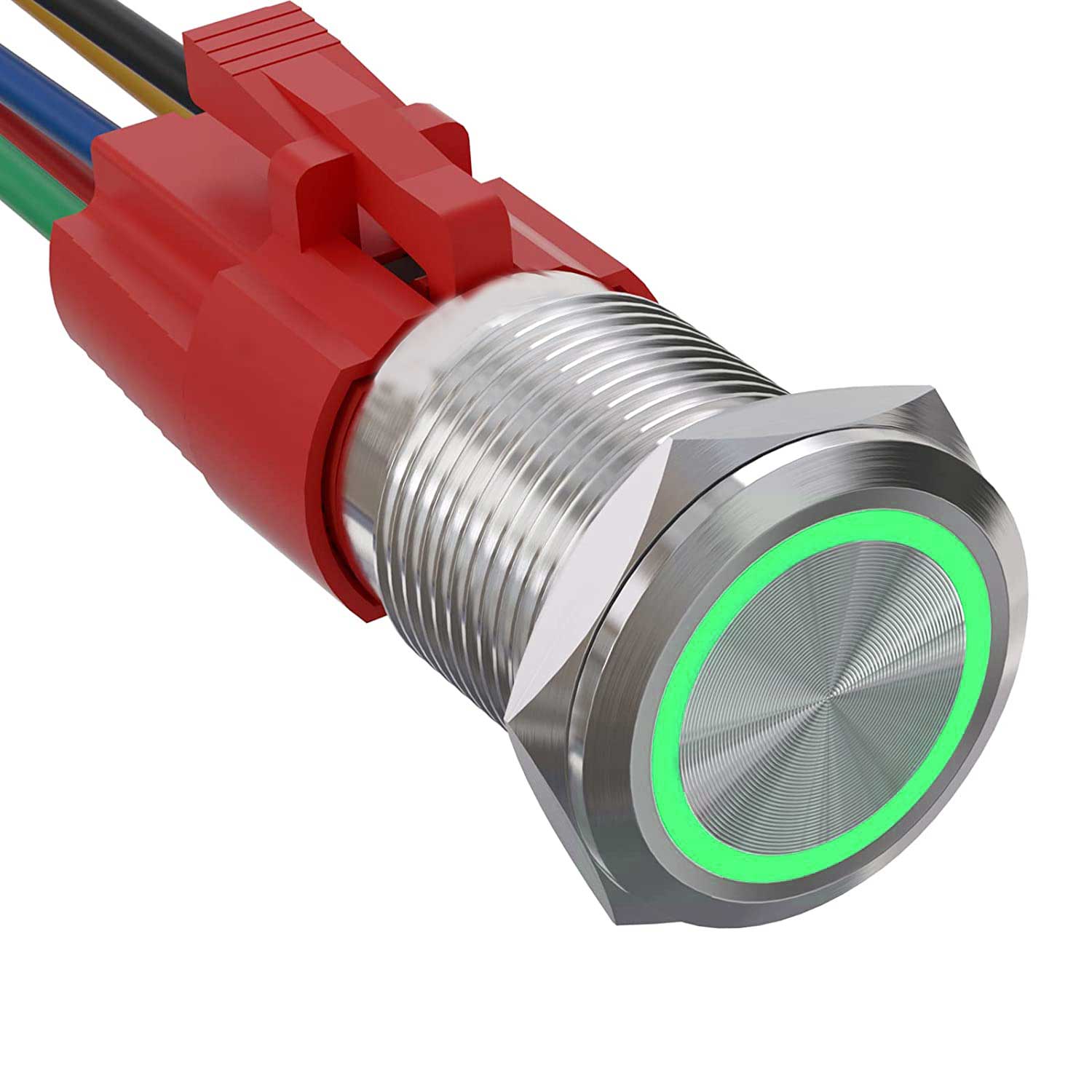 Buton metalic push 19mm cu revenire, LED verde inel, IP65, 220V-10A, corp otel inoxidabil cu mufa cabluri