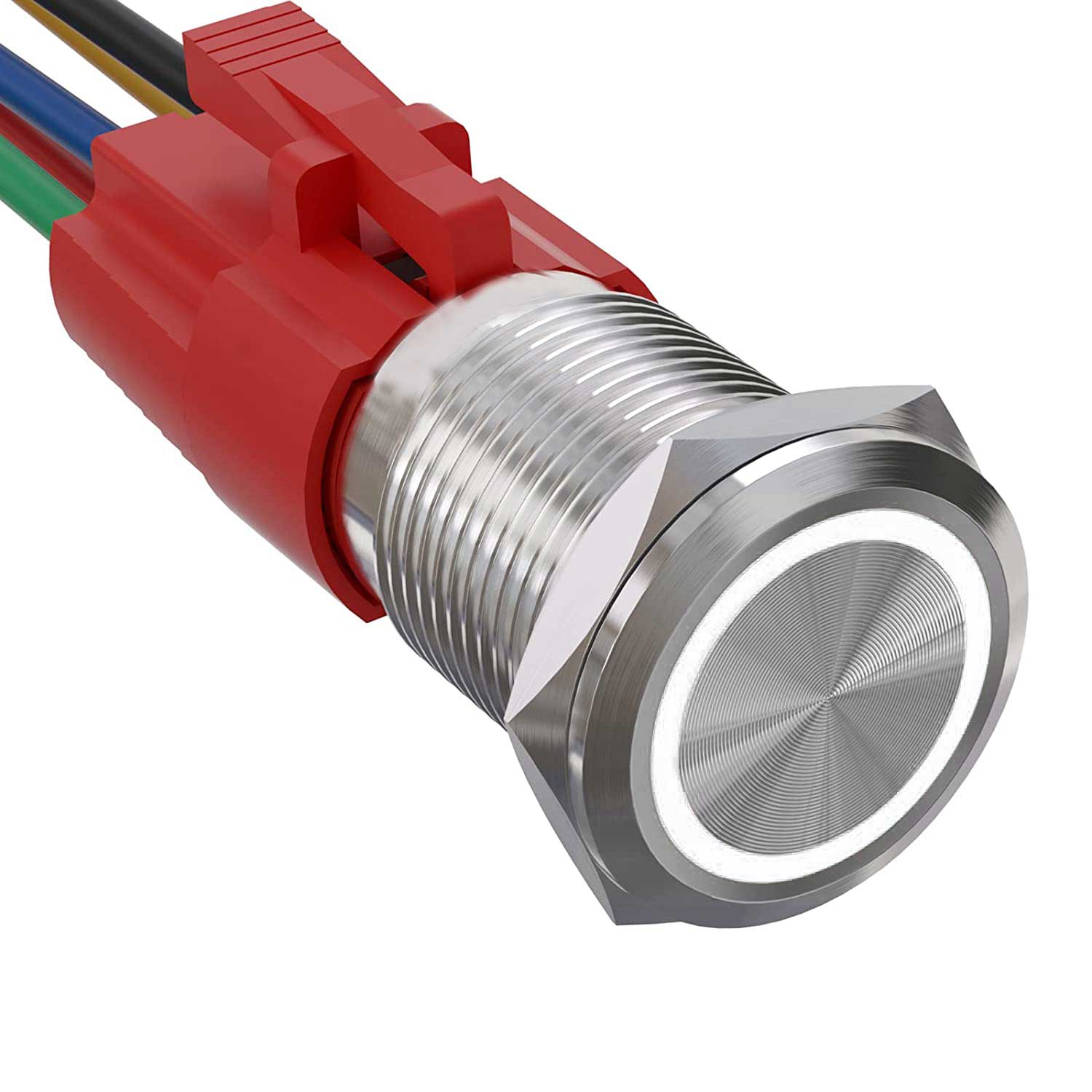 Buton metalic push 19mm cu retinere, inel LED alb, IP65, 220V 10A, carcasa inox cu conector rapid