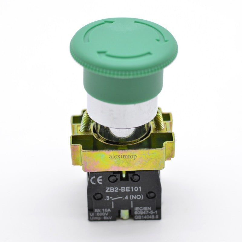 Buton ciuperca cu retinere ON-OFF verde, 10A 600V, contact 1NO, montaj 22mm, certificat CE