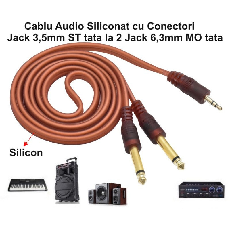 Cablu audio siliconat jack 3,5mm la 2x6,3mm, compatibil amplificator, boxa si mixer