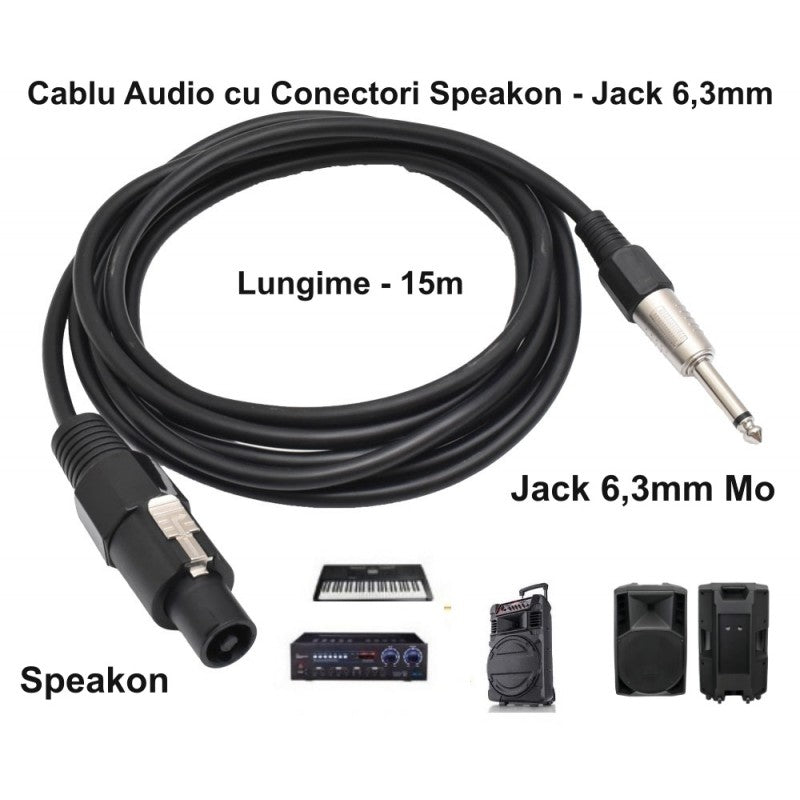 Cablu audio Speakon - Jack 6,3mm mono 15m, compatibil cu boxe, mixere si sisteme karaoke
