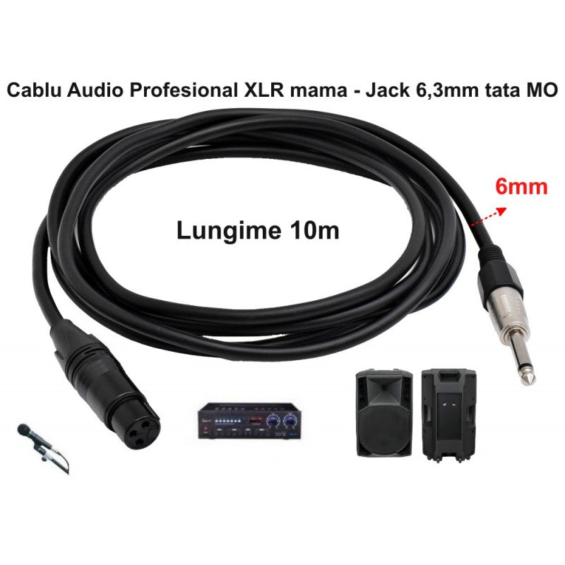 Cablu audio XLR mama - Jack 6,3mm mono, lungime 10m, compatibil mixer, microfon si boxa activa