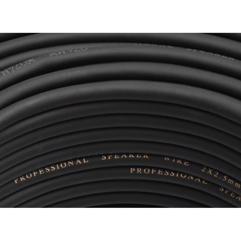 Cablu audio 2x2.5mm cu inscriptie pe manta neagra de cauciuc, detaliu marcat pe izolatie
