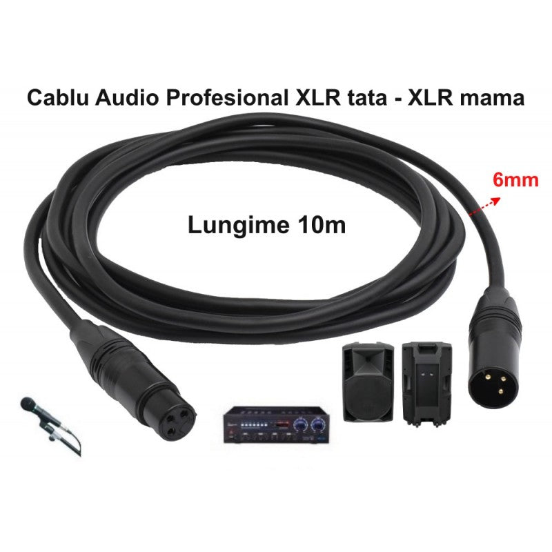 Cablu XLR tata-mama 10m, diametru 6mm, compatibil microfoane, mixere si boxe active