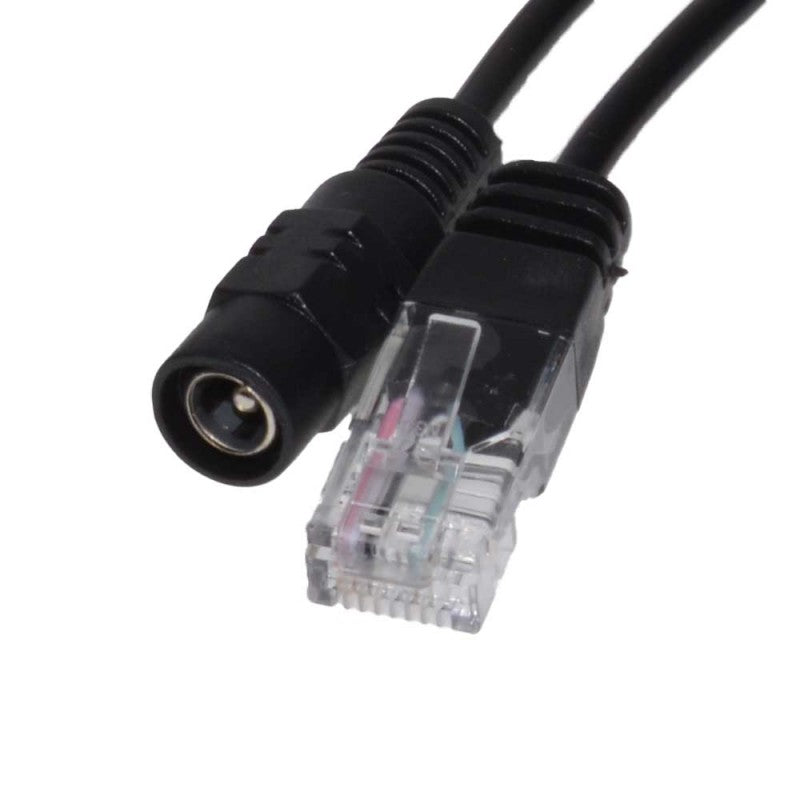 Cablu pasiv POE, detaliu mufa RJ45 tata si conector DC 2.1mm pentru alimentare camera