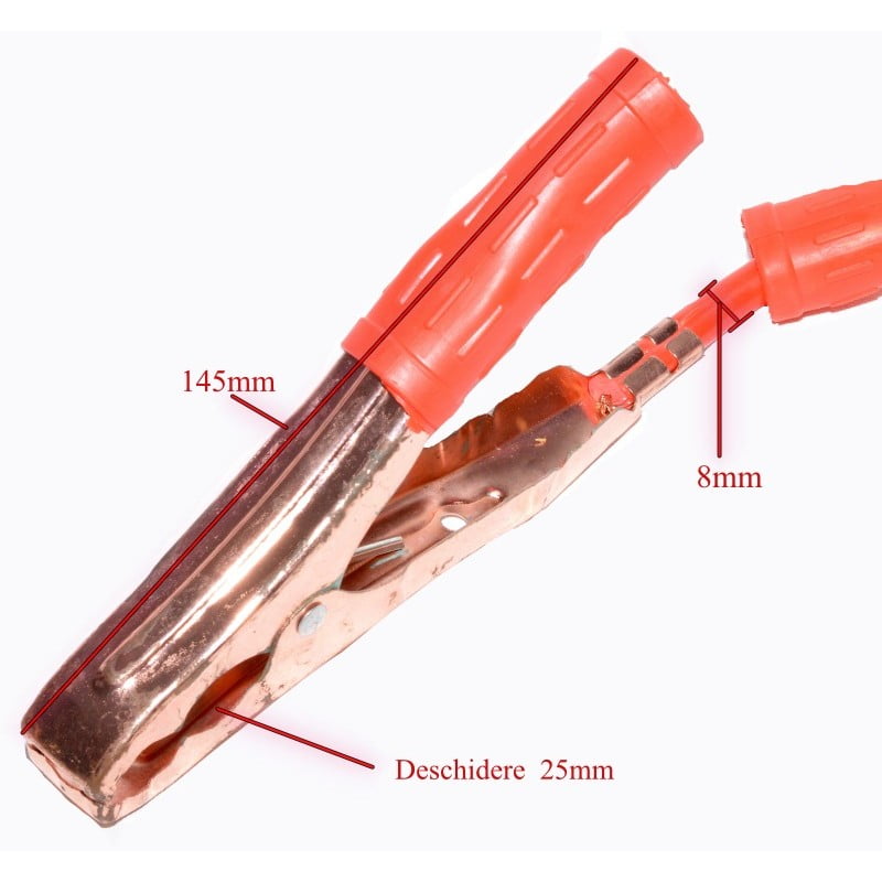 Cleste metalic cablu pornire auto cu dimensiuni marcate: lungime 145mm, deschidere 25mm, cablu 8mm