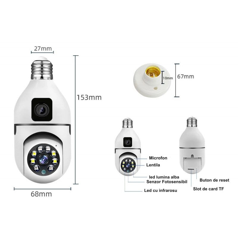 Camera supraveghere PTZ dual view dimensiuni 153x68mm, fasung E27, slot card TF, microfon integrat
