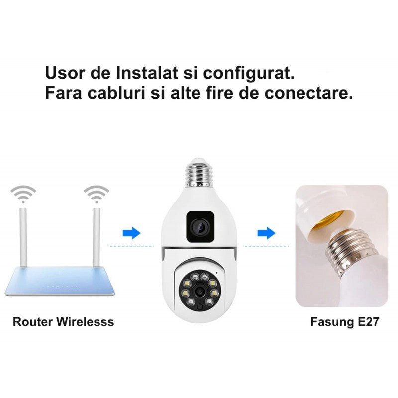 Camera supraveghere E27 wireless, instalare simpla fara cabluri, conectare router Wi-Fi 2.4GHz