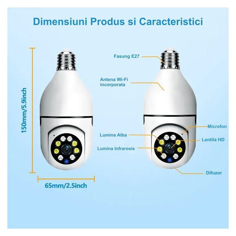 Camera supraveghere fasung E27, dimensiuni 150x65mm, lentila HD, microfon, LED alb si infrarosu integrat