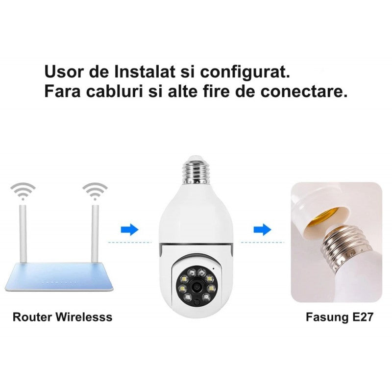 Camera supraveghere Wi-Fi E27, instalare simpla fara cabluri, conectare directa la router wireless