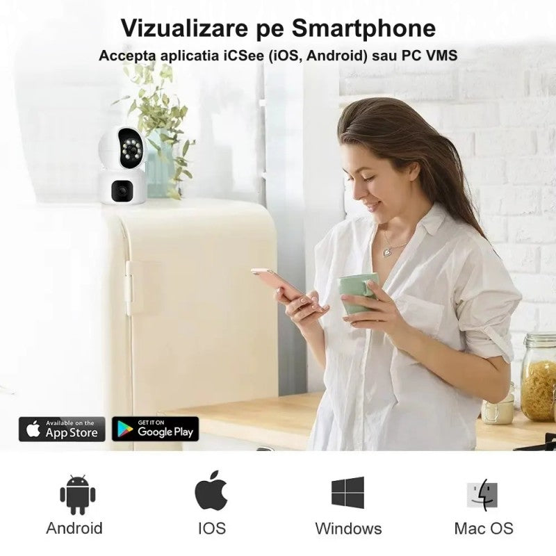 Camera supraveghere dubla lentila compatibila smartphone iOS Android Windows, monitorizare de la distanta