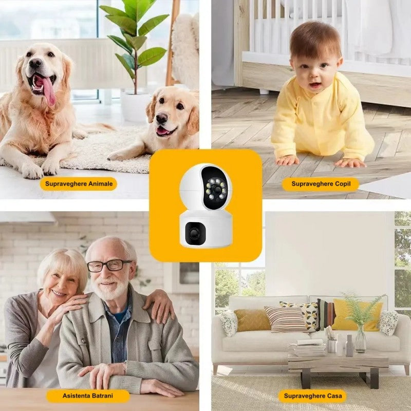 Camera supraveghere dubla lentila pentru animale, copii, batrani si interior casa, utilizari multiple