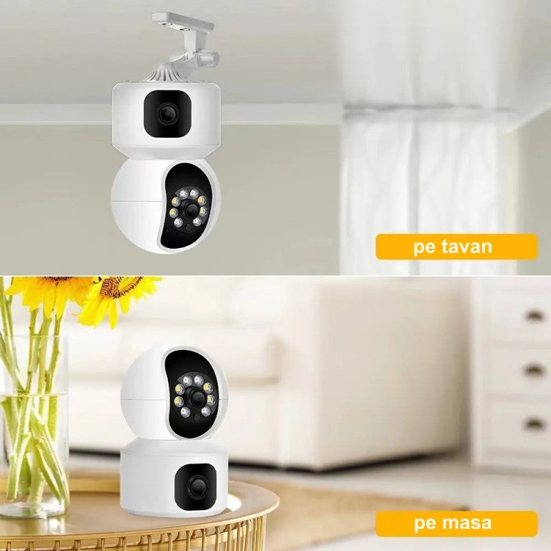 Camera supraveghere dubla lentila montaj pe tavan sau pe masa, instalare flexibila interior