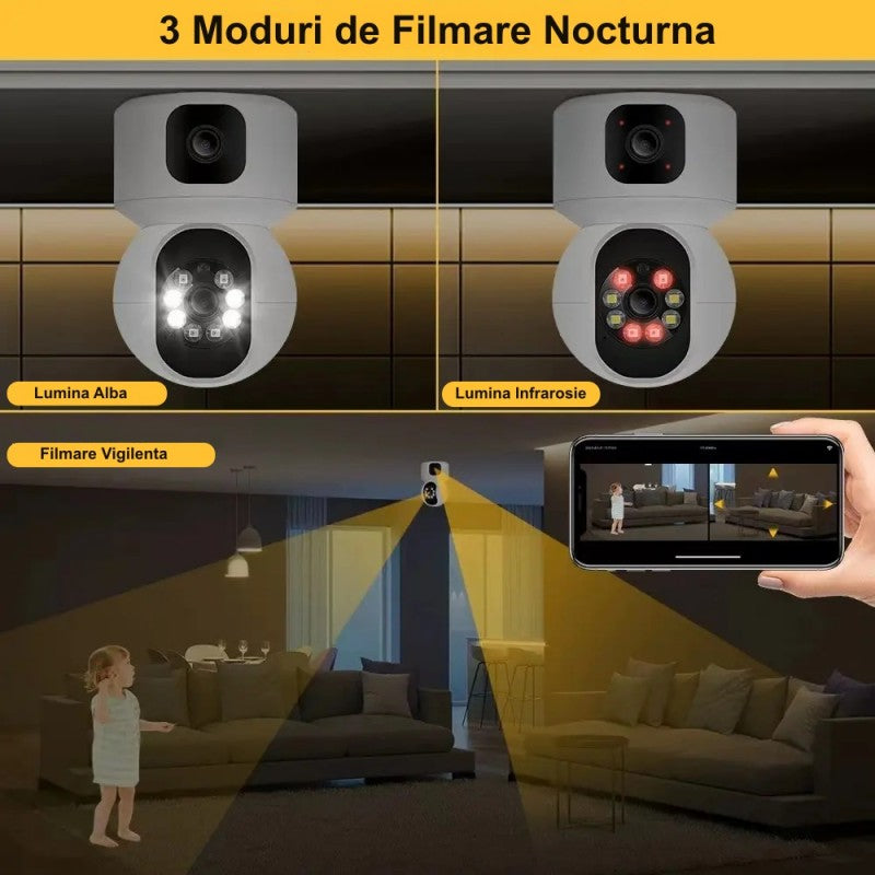 Camera supraveghere dubla lentila cu 3 moduri filmare nocturna: lumina alba, infrarosie si vigilenta