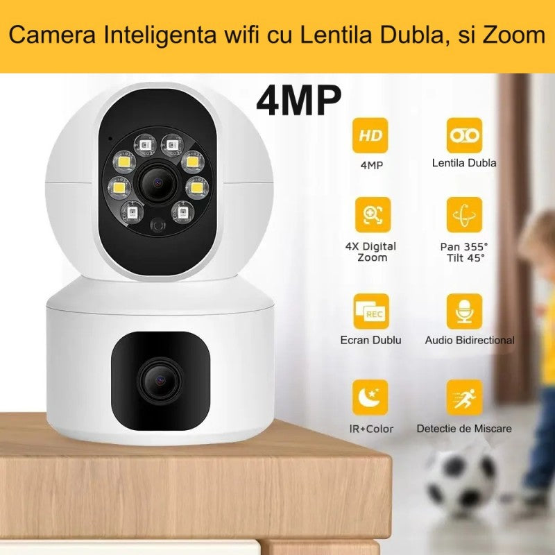 Camera supraveghere WiFi 4MP lentila dubla, zoom digital 4x, pan 355 grade, detectie miscare