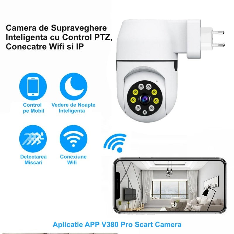 Camera supraveghere la priza cu control mobil, detectie miscare, vedere noapte si conexiune WiFi
