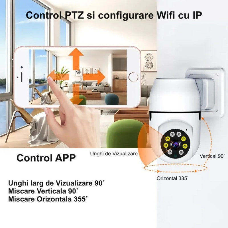 Camera supraveghere PTZ la priza cu rotatie orizontala 335 grade si verticala 90 grade, control APP