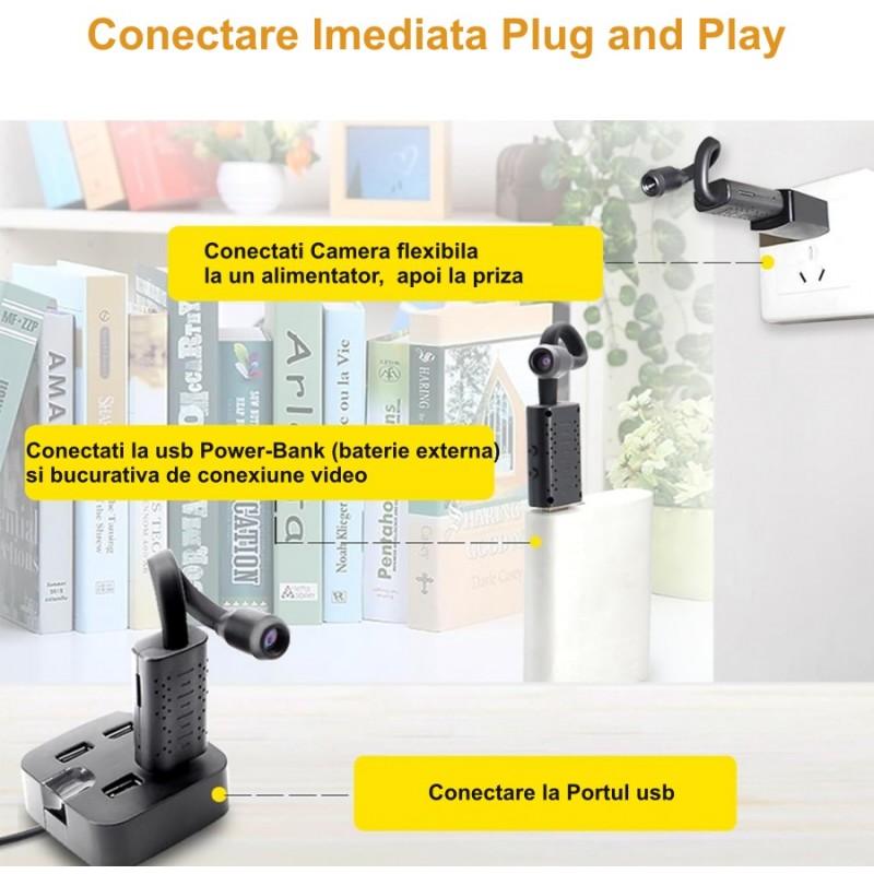 Camera mini USB flexibila plug and play conectata la hub USB, powerbank sau adaptor de priza