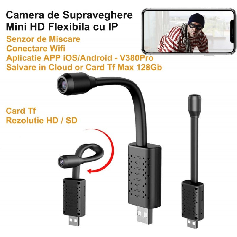 Camera mini USB flexibila HD cu WiFi, senzor de miscare, card TF max 128GB si salvare in cloud