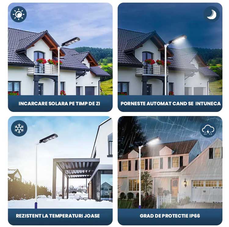 Lampa stradala solara rezistenta la frig si ploaie, IP66, pornire automata la intuneric