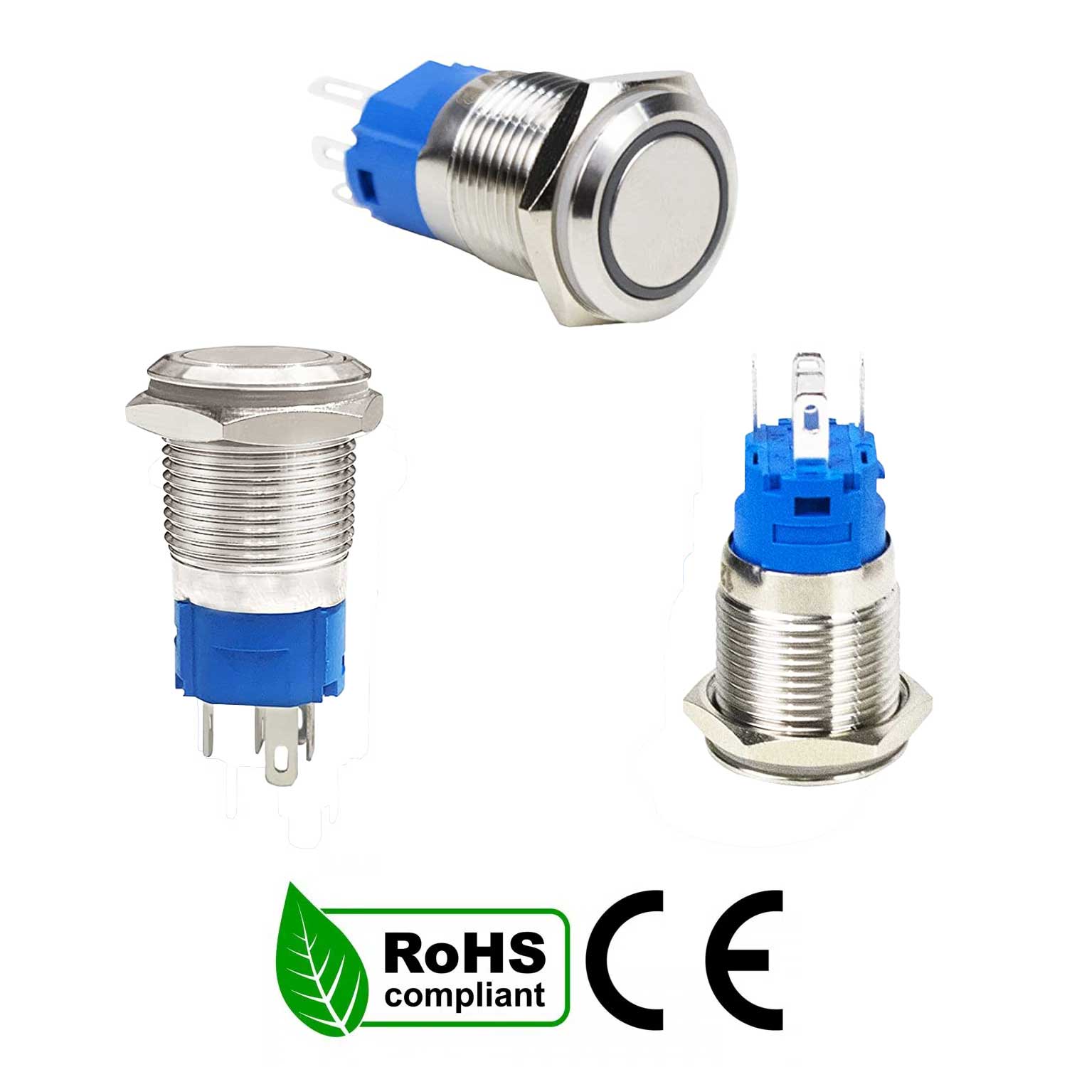 Buton push 16mm inox vazut din mai multe unghiuri, certificat RoHS si CE