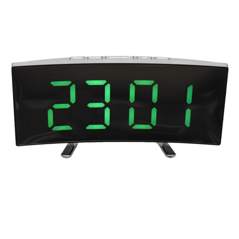 Ceas digital LED verde, vedere frontala cu ecran oglinda curbat si cifre luminoase mari