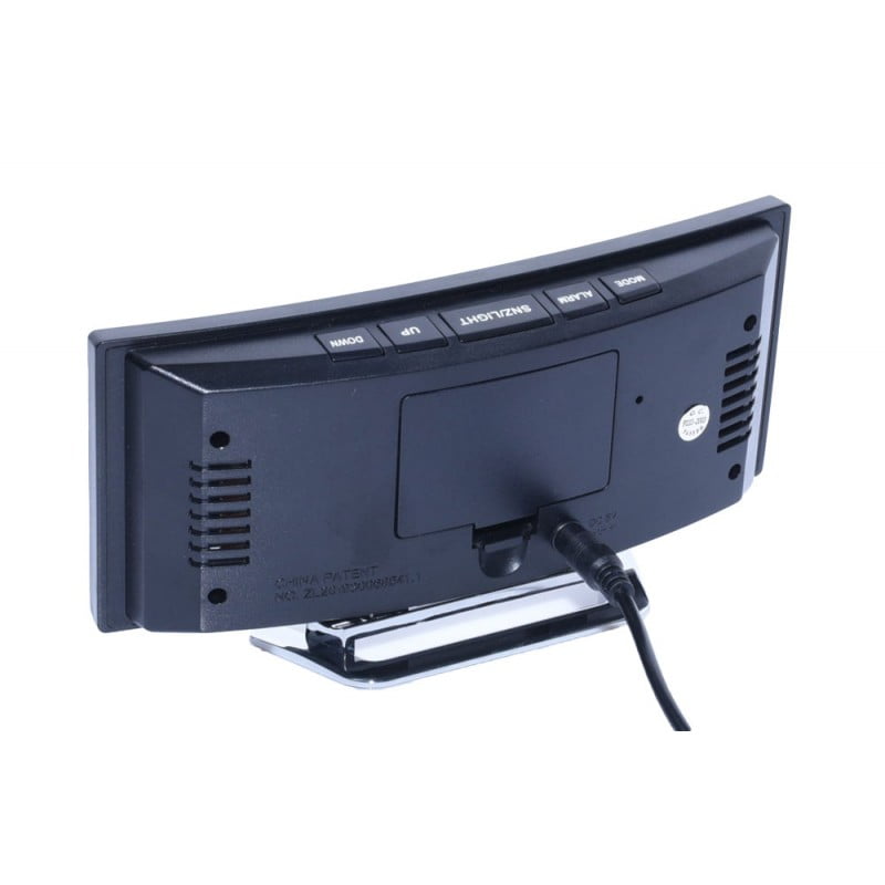 Spatele ceasului LED cu ecran oglinda, cablu USB conectat si suport metalic reglabil