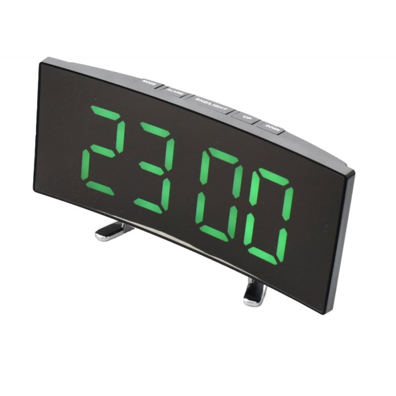 Ceas digital LED verde cu ecran curbat tip oglinda, afisaj mare, alimentare USB, design de birou