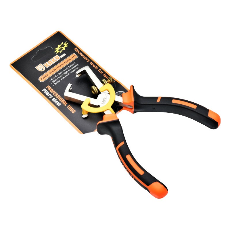 Cleste dezizolat cablu electric 160mm, vedere laterala pe ambalaj, maner ergonomic bicolor portocaliu-negru
