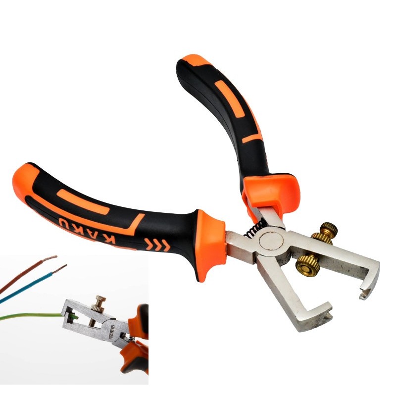 Cleste dezizolat 160mm cu surub reglaj alama, vedere completa si detaliu cap taiere pe cabluri colorate